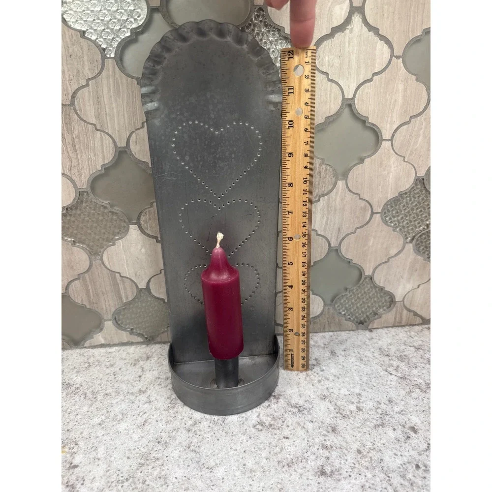 Primitive Punched Tin Heart Wall Sconce Galvanized Metal Candle Holder Farmhouse